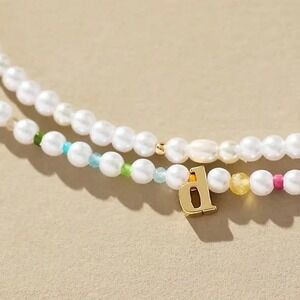 Anthropologie Pearl Beaded Bubble Letter Lowercase Monogram Necklaces - Set of 2